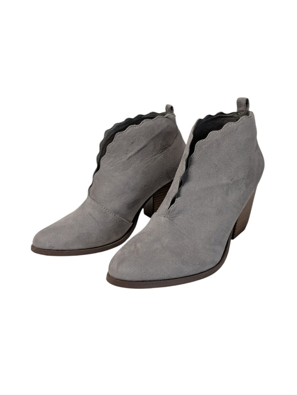 Beast Fashion Gray Suede Scalloped Pointed Toe Block Heel Ankle Boots Size 6